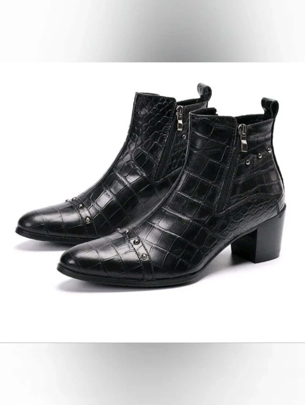 Men's Black Croc-Embossed Leather Boots with Block Heel